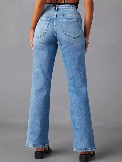 Casual High Waist Fashionable Slit Straight Stretch Jeans