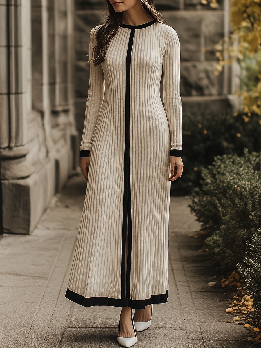 Casual Fashion Round Neck Contrast Trim Long Sleeve Slit Knitted Maxi Dress