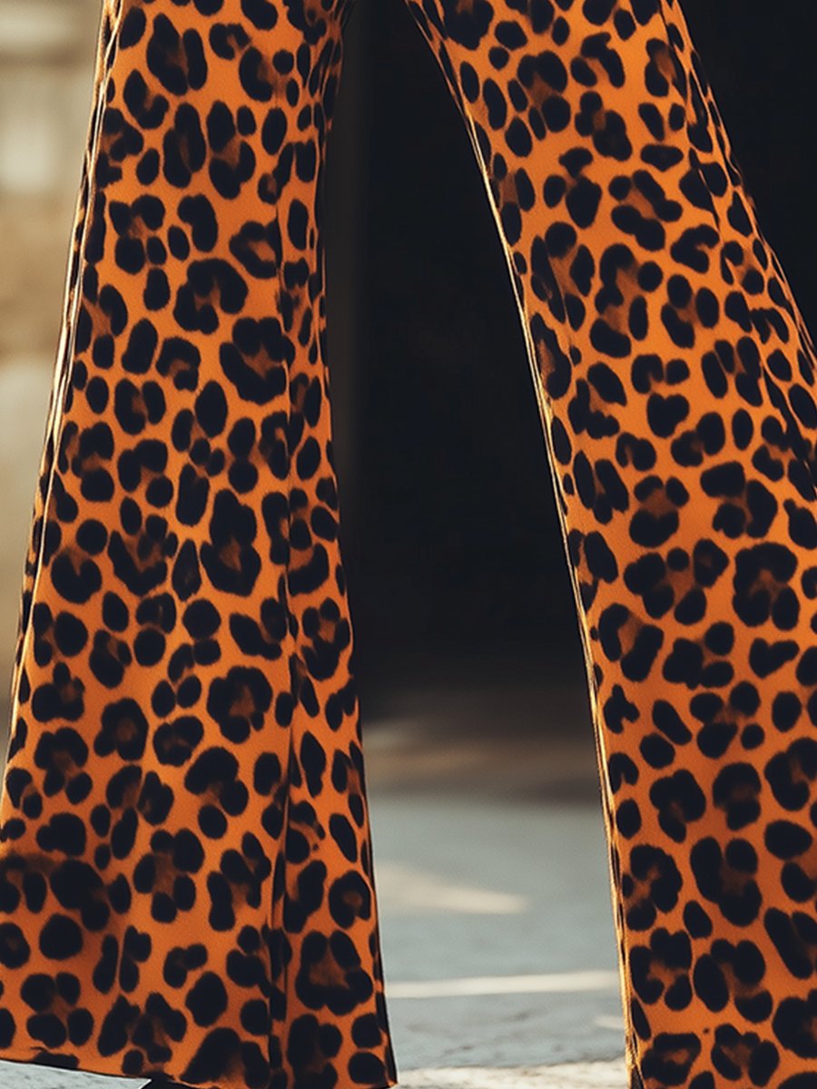 Fashion Retro Leopard Print Casual Stitching Wide-leg Pants