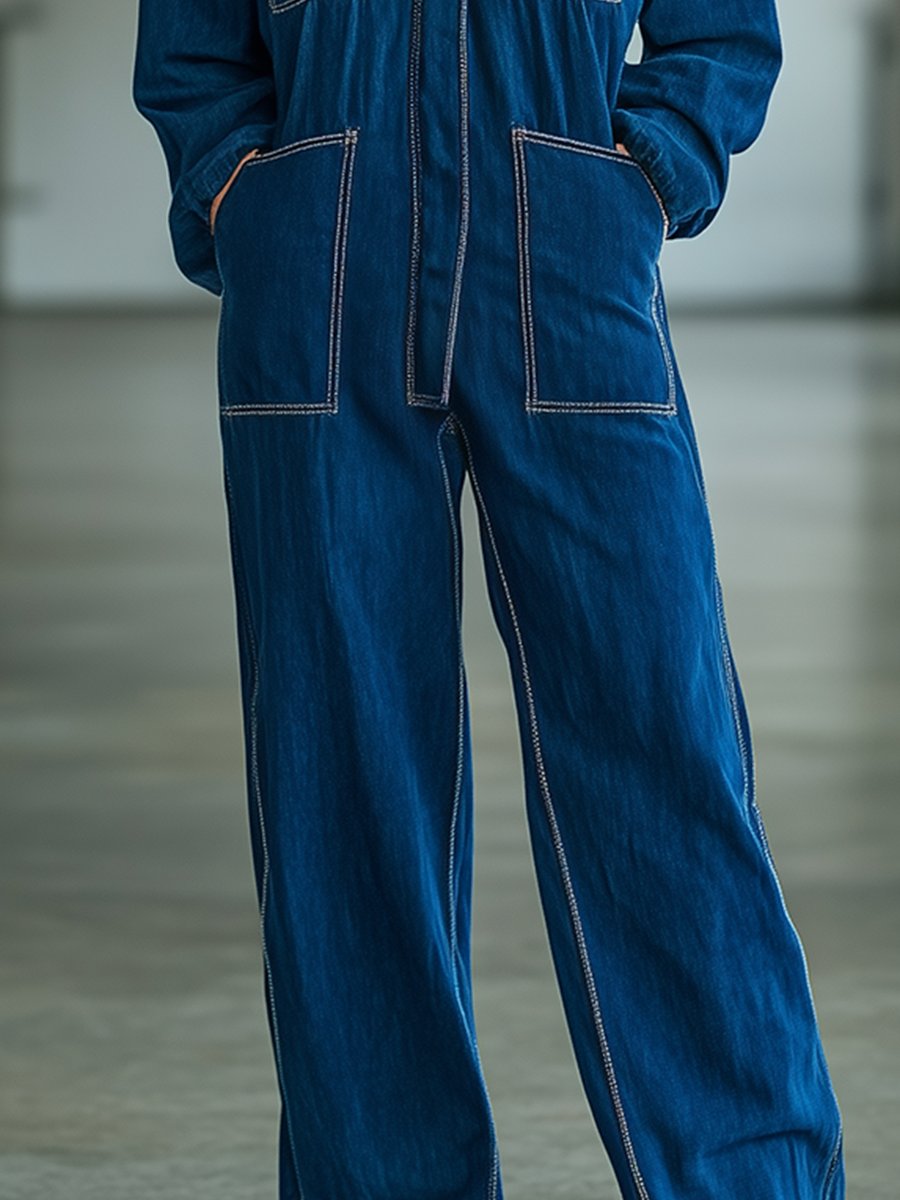 Casual Fashion Lapel Multi-Pocket Wide-Leg Denim Jumpsuit