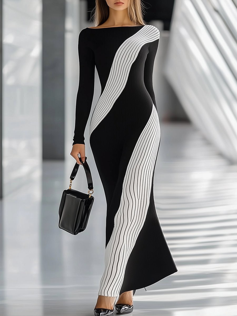 Fashion Casual Slim Round Neck Contrast Striped Knitted Maxi Dress