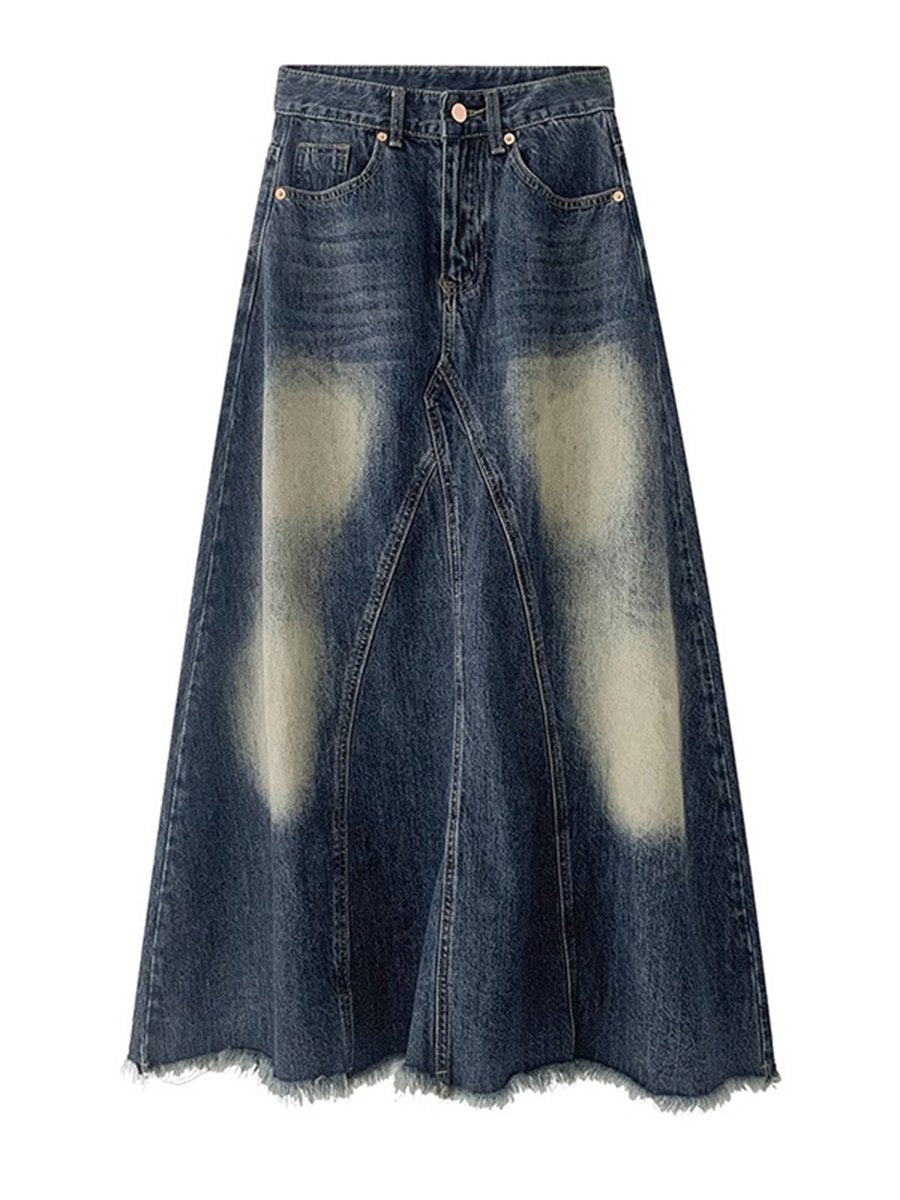 Fashion Retro High Street Distressed Frayed Edge Stitching Denim Skirt