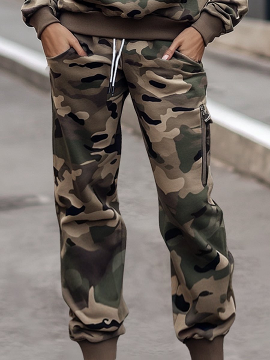 Fashion Retro Camouflage Hooded Pocket Sweatshirt and Pants Two-piece Set