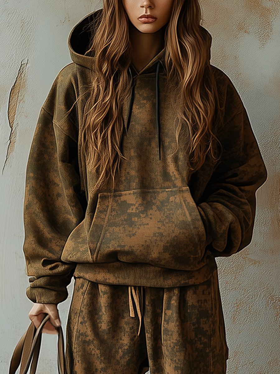 Fashion Retro Hooded Camouflage Sweatshirt and Leggings Two-piece Suit