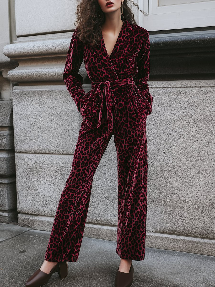 Retro Fashion Lapel Tie Wide Leg Dark Pink Leopard Print Jumpsuit