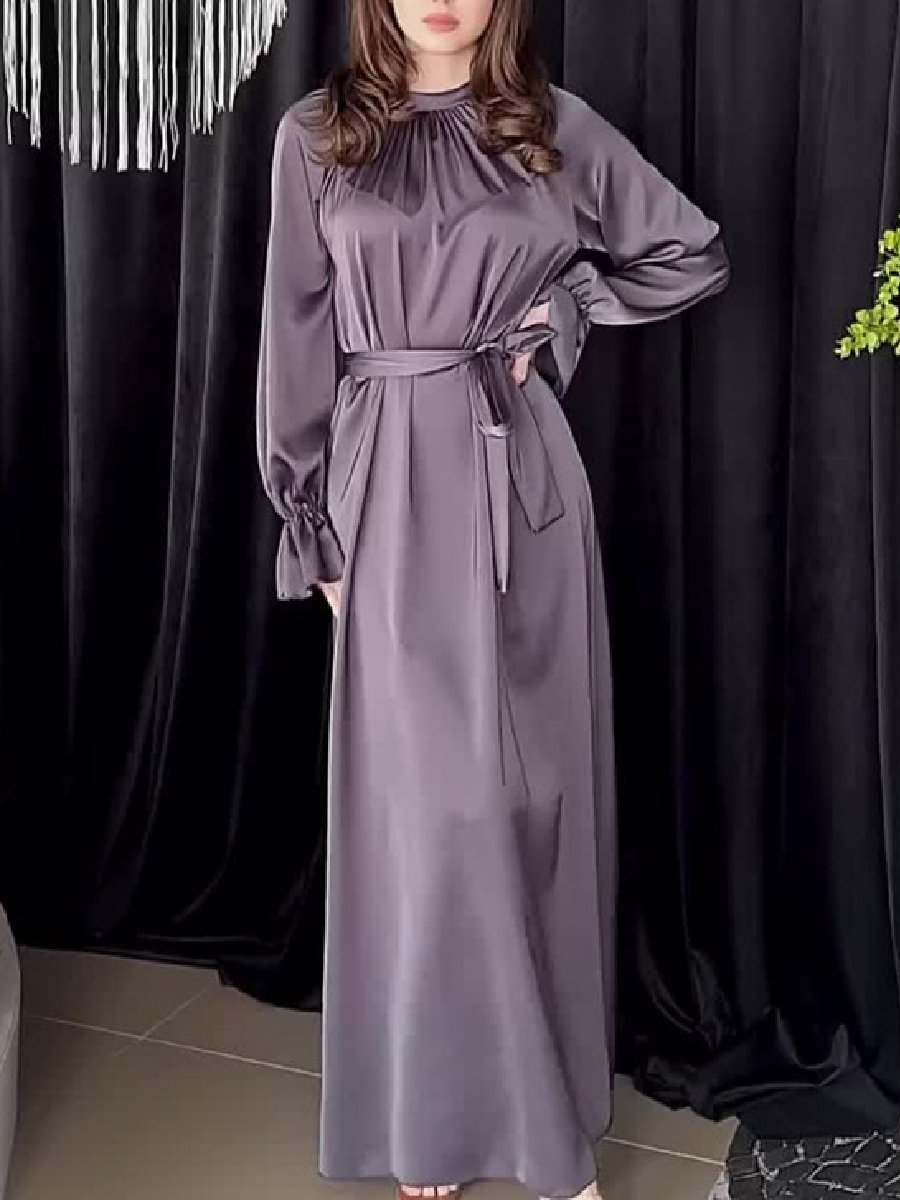 Classic Satin Long Sleeve Loose Belted Maxi Dress