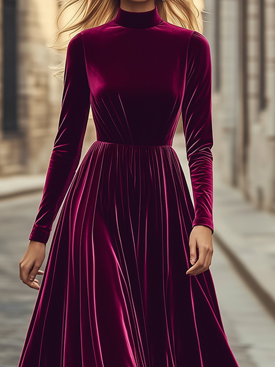 Retro Fashion High Collar Waist Velvet Maxi Dress