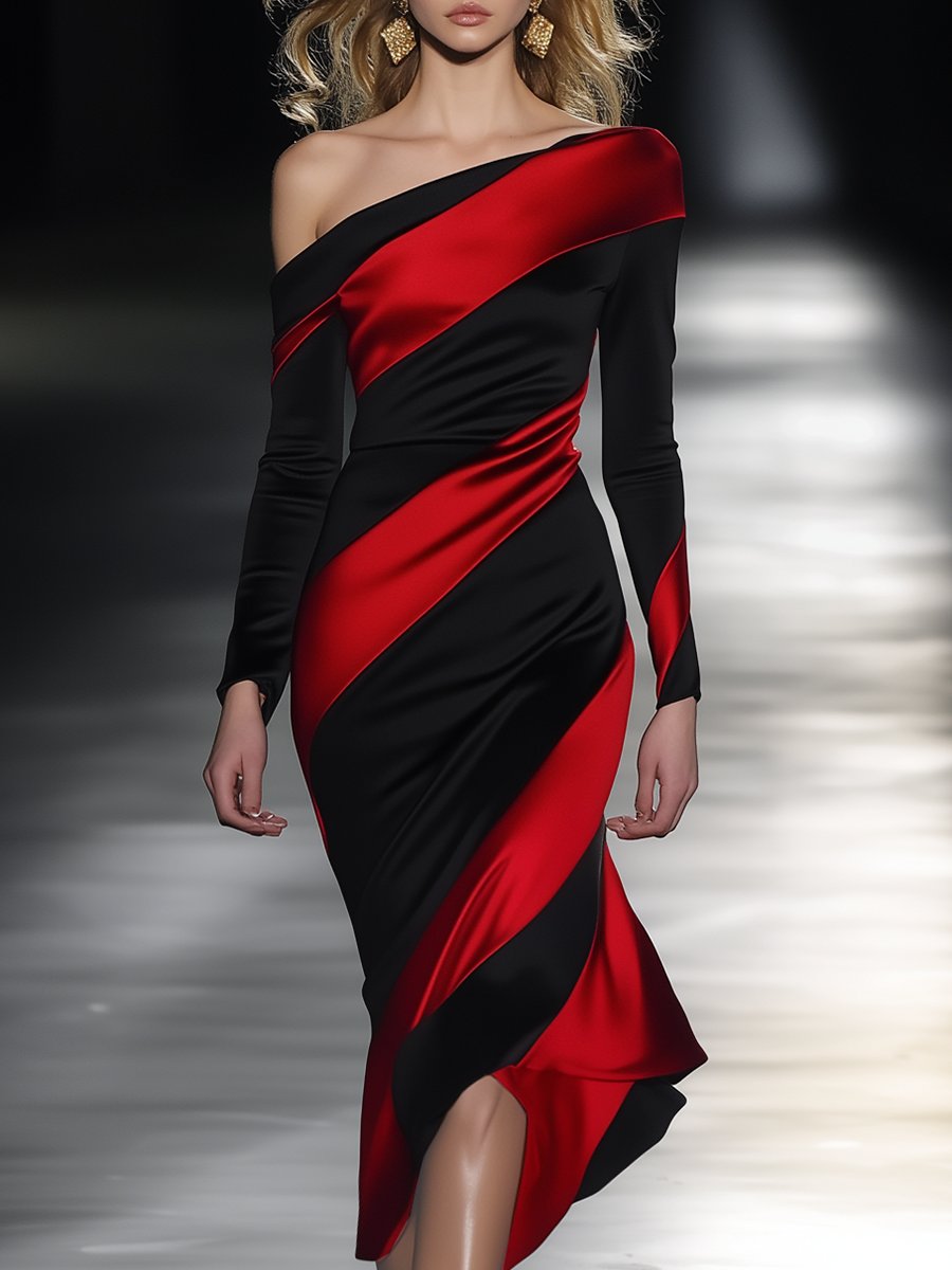 【24-hour shipping out】Elegant and Personalized Off-shoulder Black and Red Oblique Contrast Midi Dress