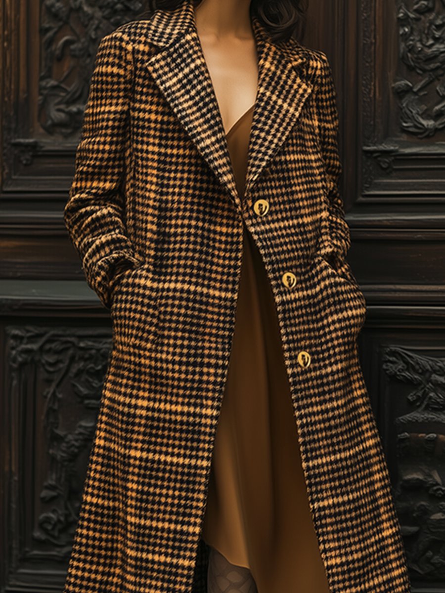 Fashion Retro Lapel Button Warm Color Plaid Long Coat