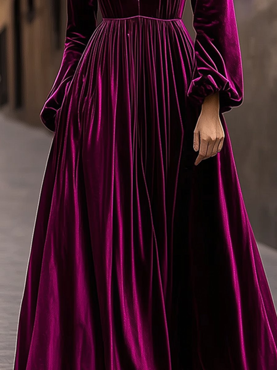 Retro Fashion V-Neck Puff Sleeve Waist Velvet Maxi Dress