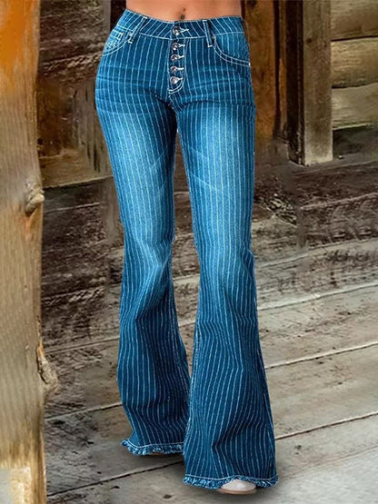 Vintage Fashion Mid-Rise Striped Flared Jeans