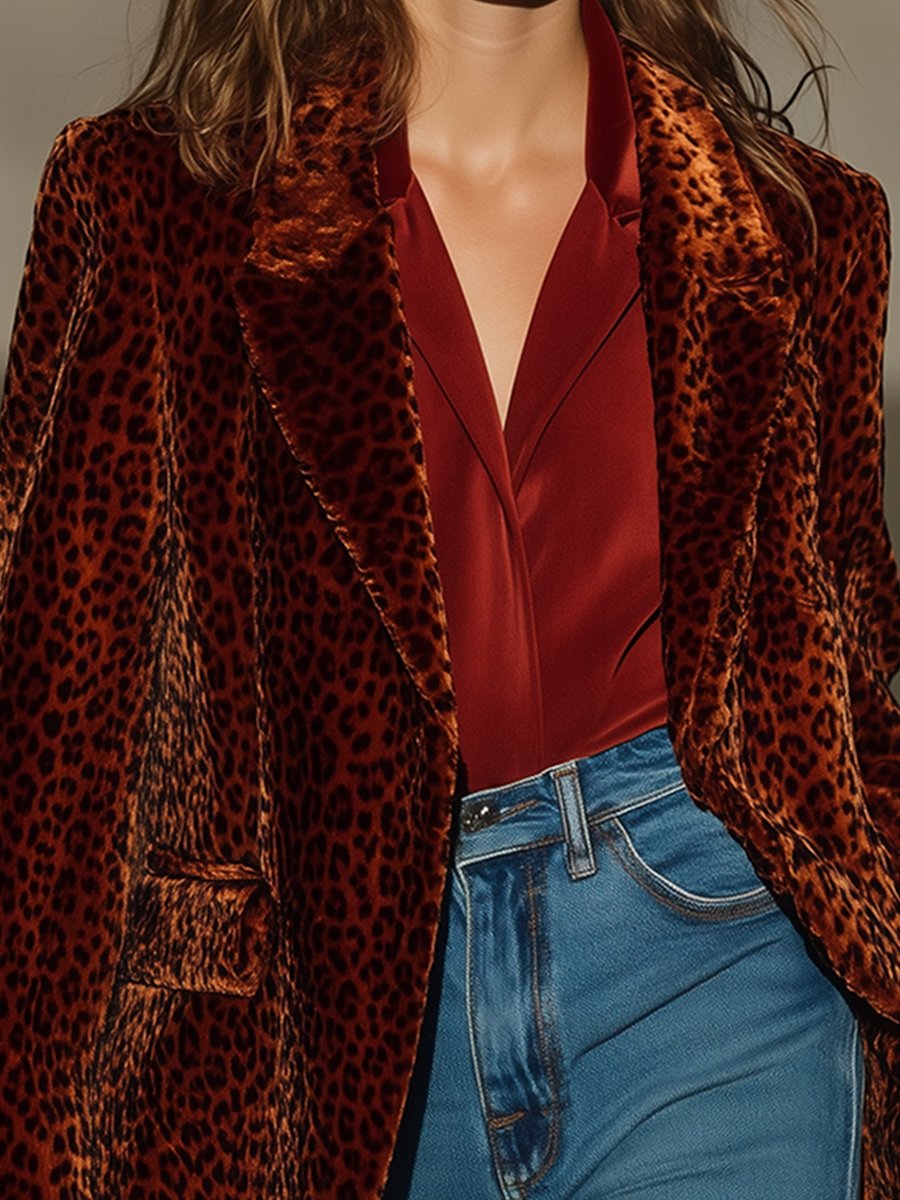 Stylish Retro Luxury Leopard Print Lapel Long Sleeve Blazer