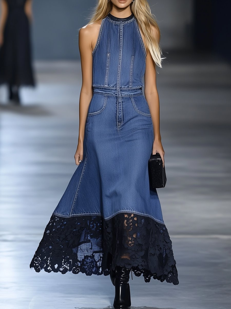 Elegant Denim Lace Maxi Dress