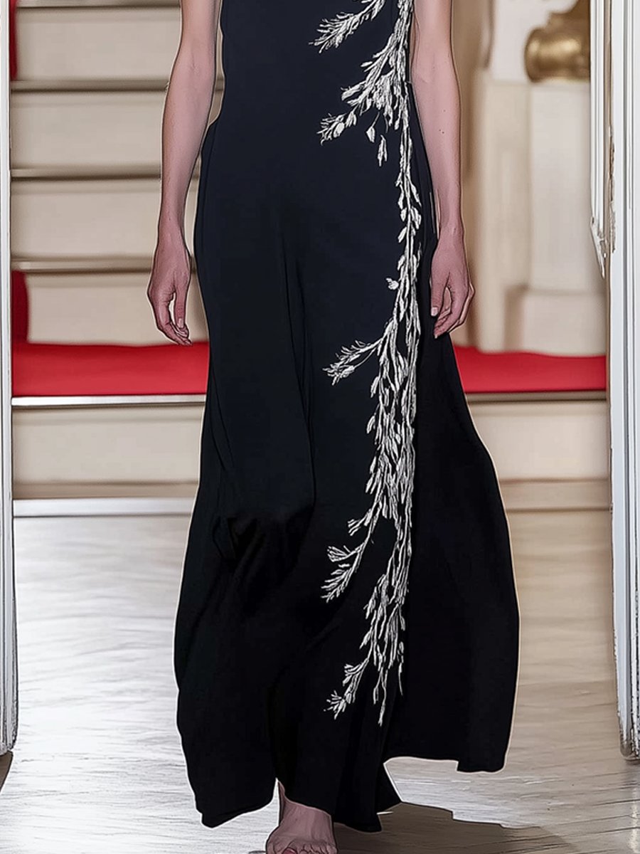 Elegance Black One-Shoulder Feather-Embellished Satin Maxi Dress