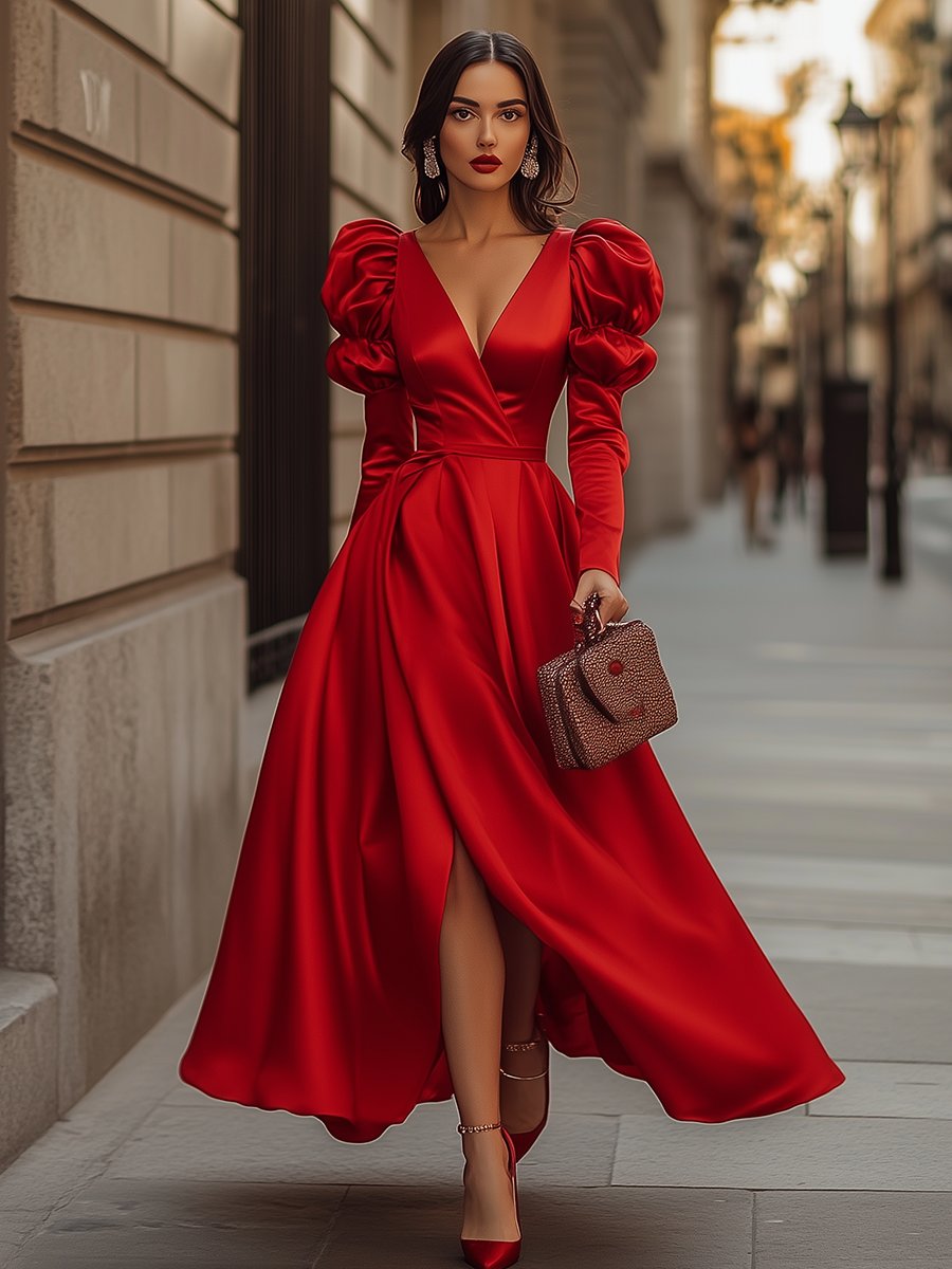 Elegant Satin V Neck Puff Sleeves Maxi Dress