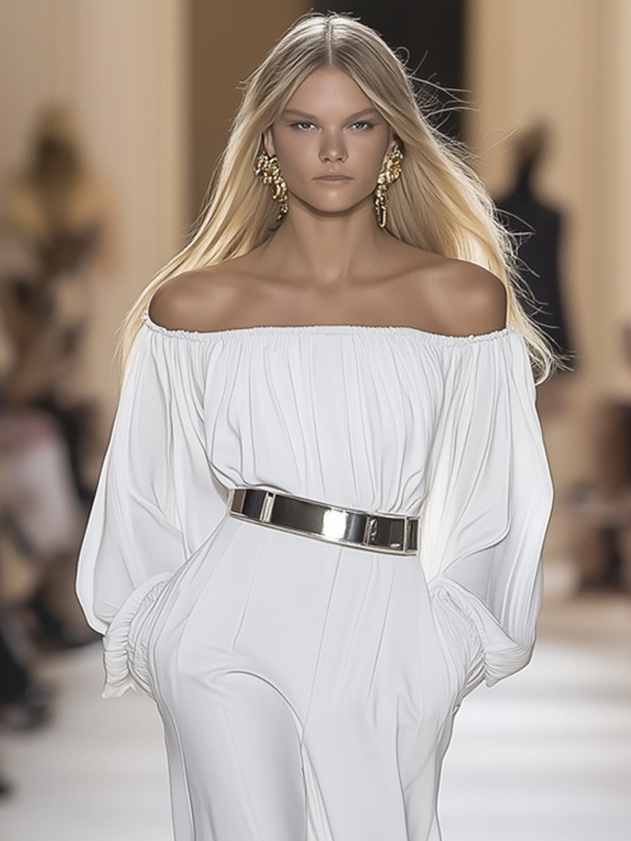 Elegant White Off-The-Shoulder  with Puffy Sleeves and Belted Waist Jumpsuit