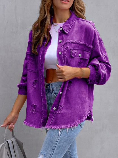 Fashionable Casual Solid Color Mid-length Ripped Long-sleeved Denim Jacket