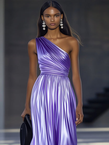 Timeless Elegance: Purple One Shoulder Full Skirt Shiny Satin Maxi Dress