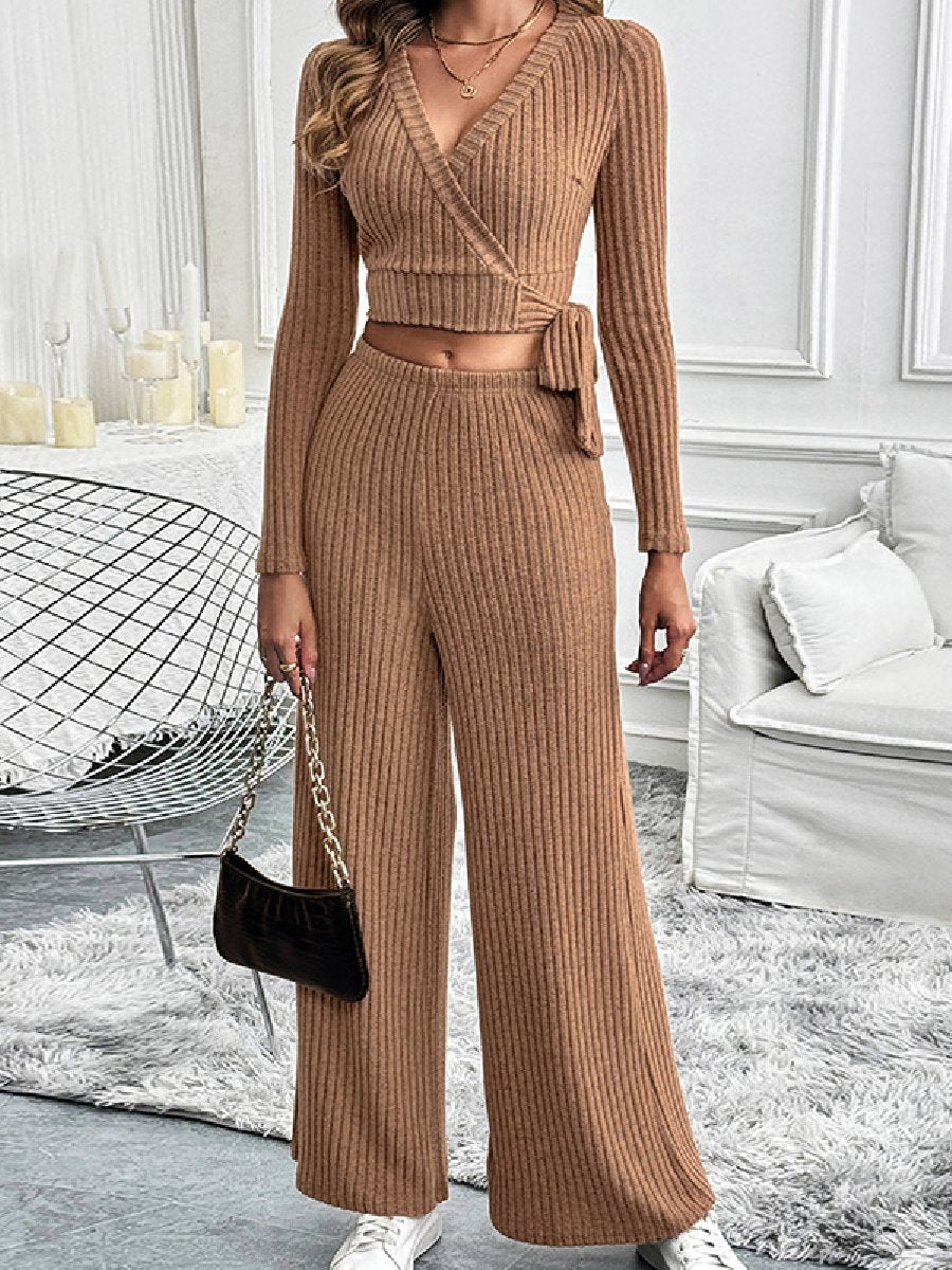 Elegant Long-sleeved Solid Color Textured Basic Two-Piece Set