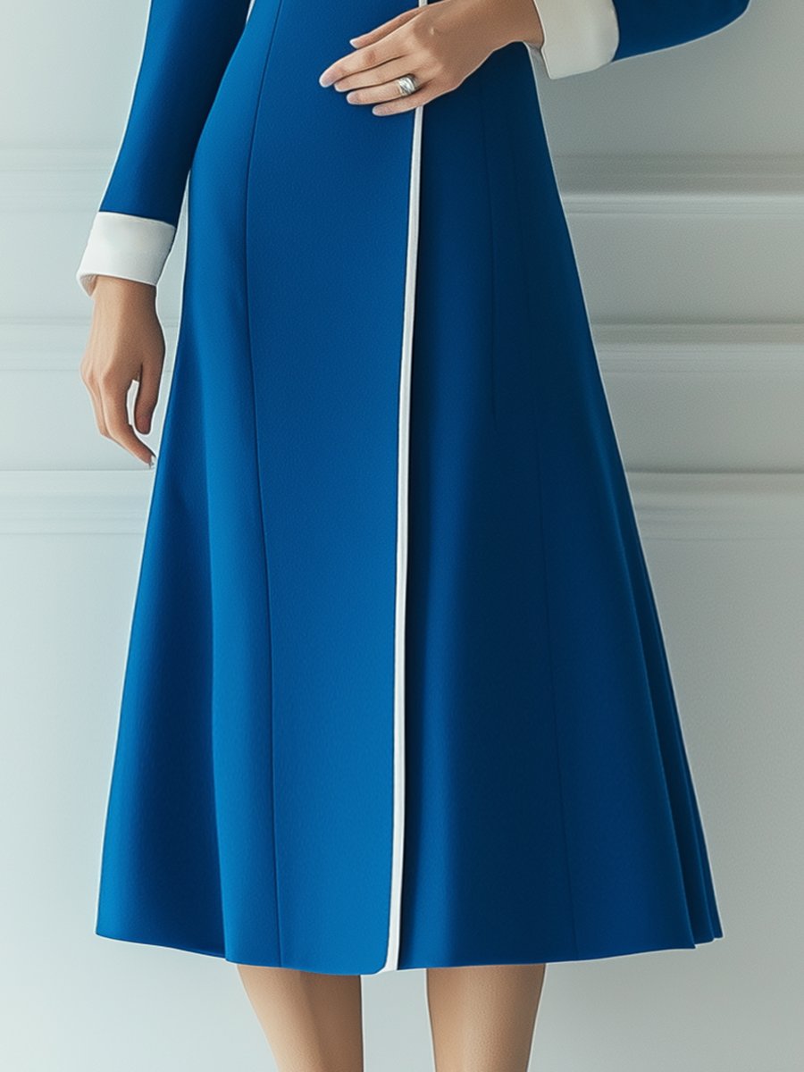 Fashion Contrast Trim Lapel Long Sleeve Midi Dress