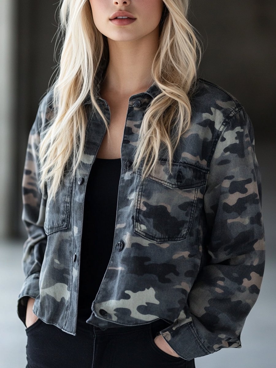 Retro Fashion Stand Collar Button Pocket Camouflage Jacket