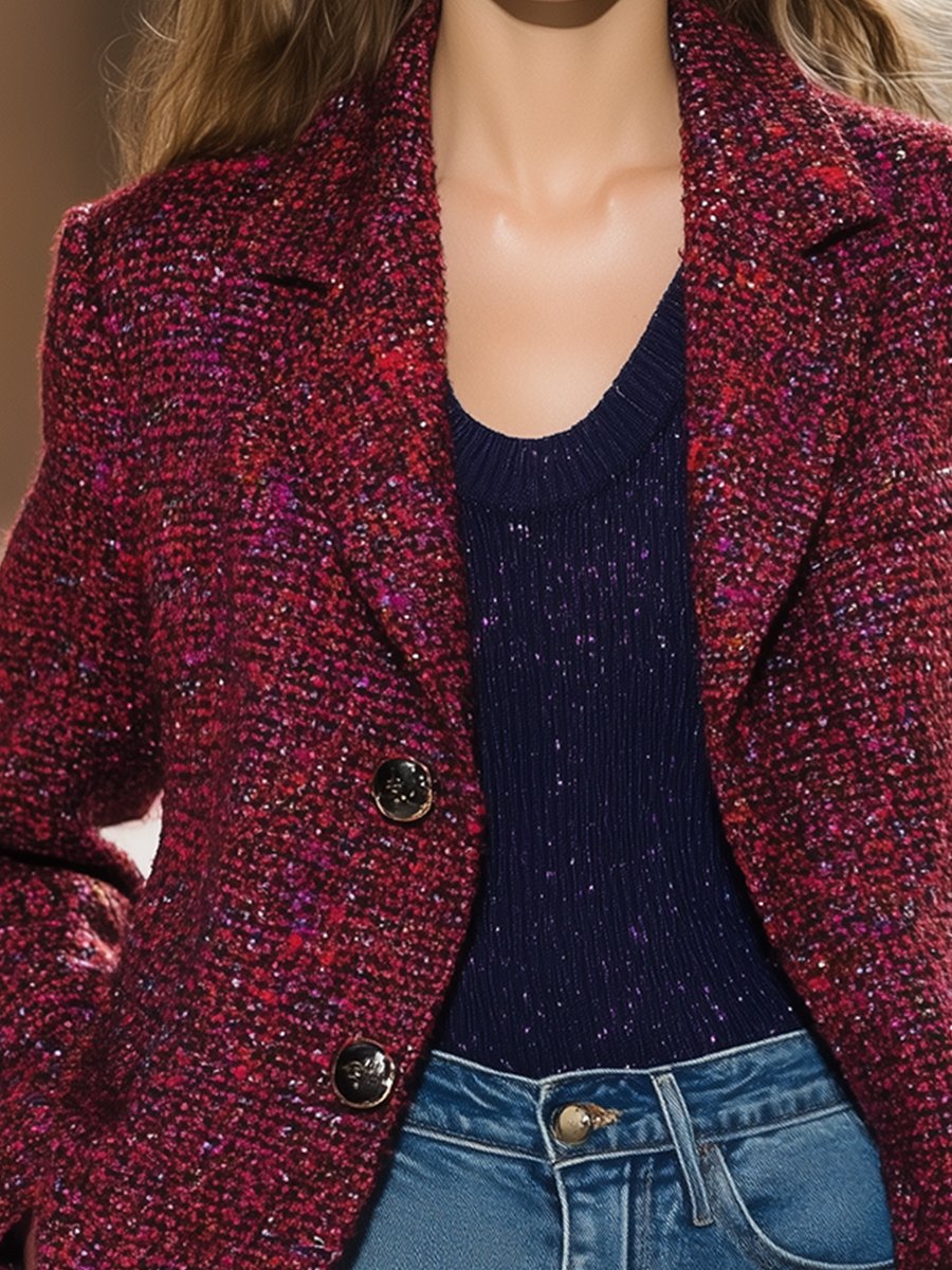 Retro Fashion Angora Red Lapel Button Slim Fit Tweed Blazer