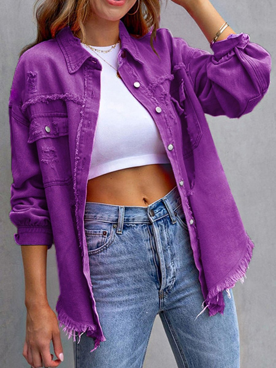 Fashionable Casual Solid Color Mid-length Ripped Long-sleeved Denim Jacket