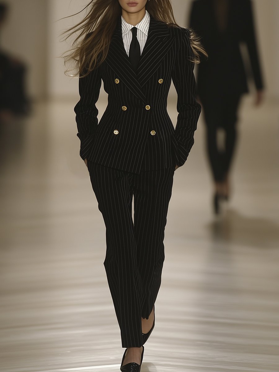 Vintage Black Striped Double-breasted Suit Two-piece Suit