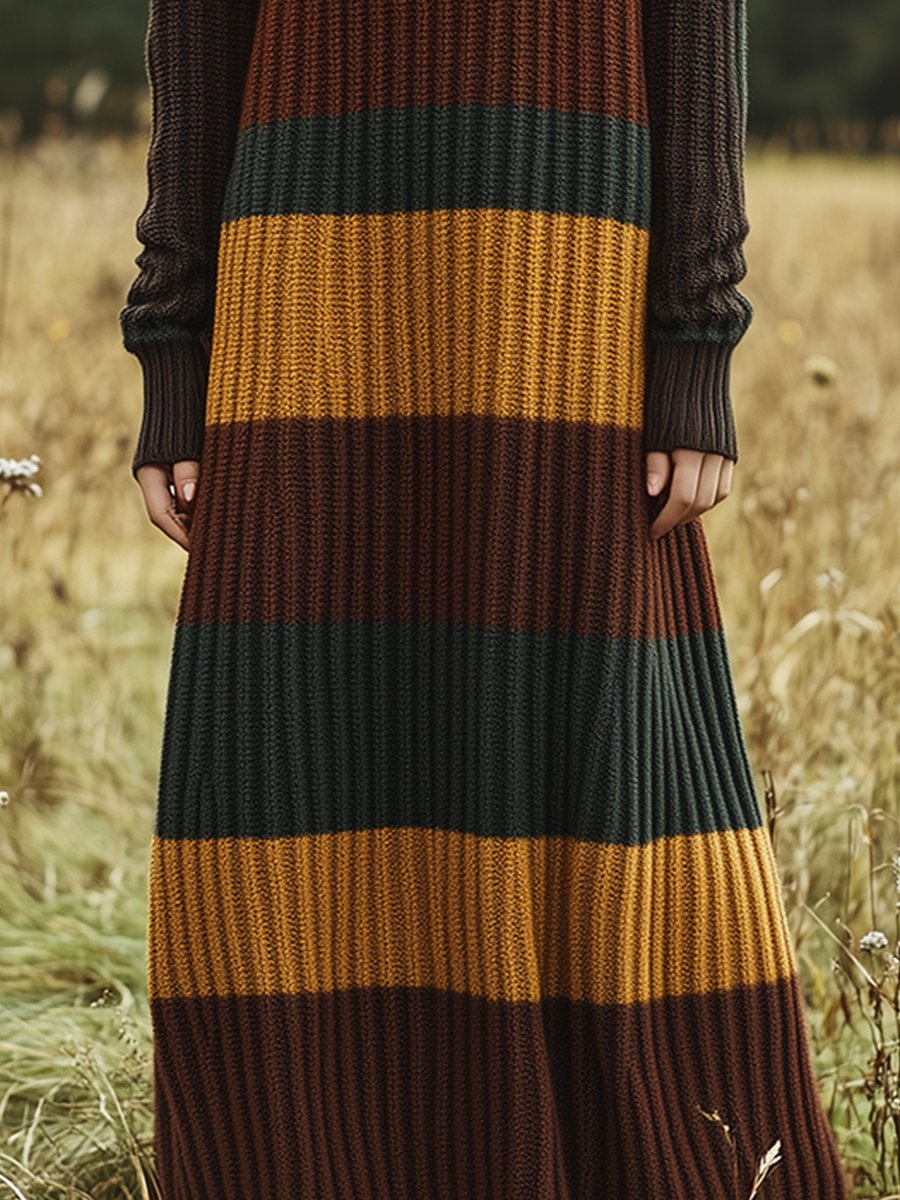 Fashionable and Casual Loose High-neck Contrast Striped Knitted Midi Dress