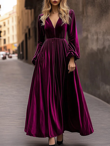 Retro Fashion V-Neck Puff Sleeve Waist Velvet Maxi Dress