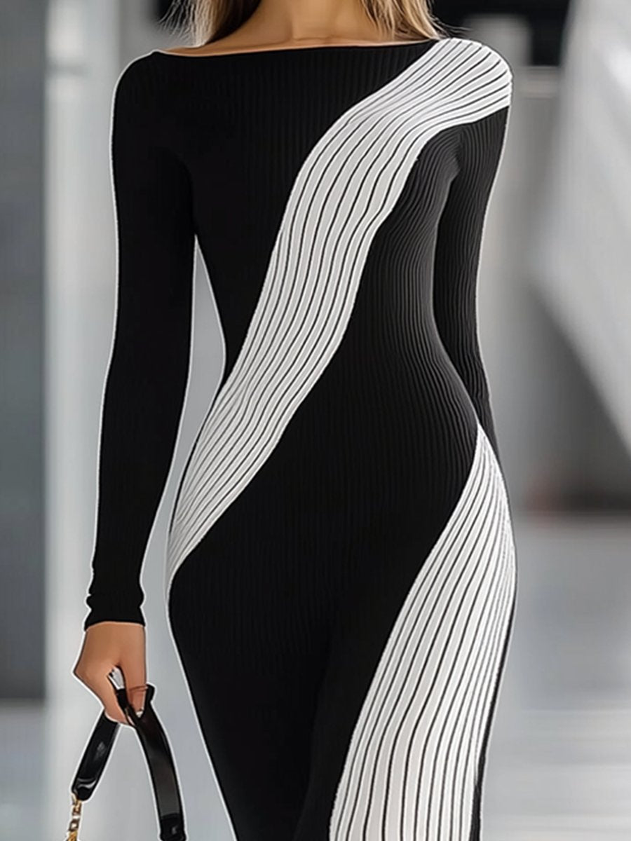 Fashion Casual Slim Round Neck Contrast Striped Knitted Maxi Dress