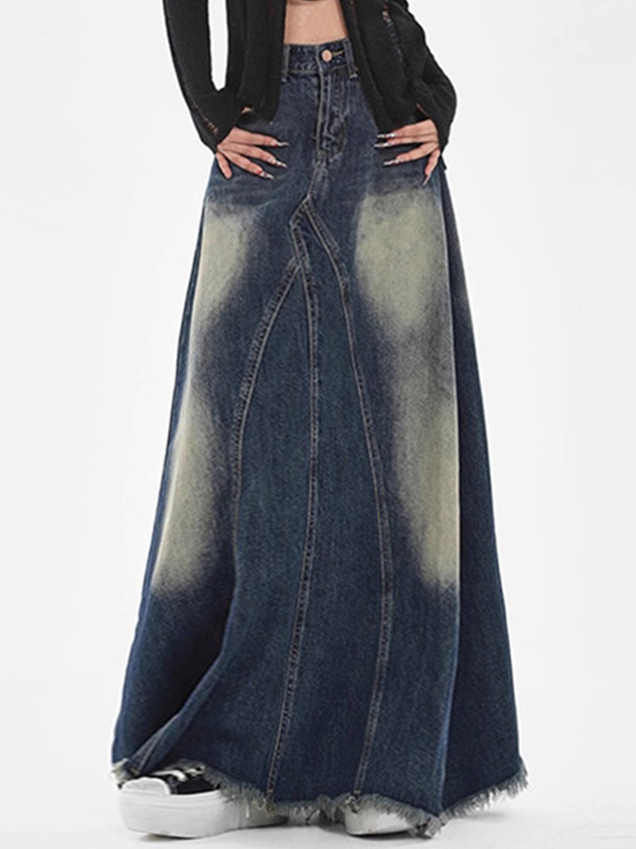 Fashion Retro High Street Distressed Frayed Edge Stitching Denim Skirt