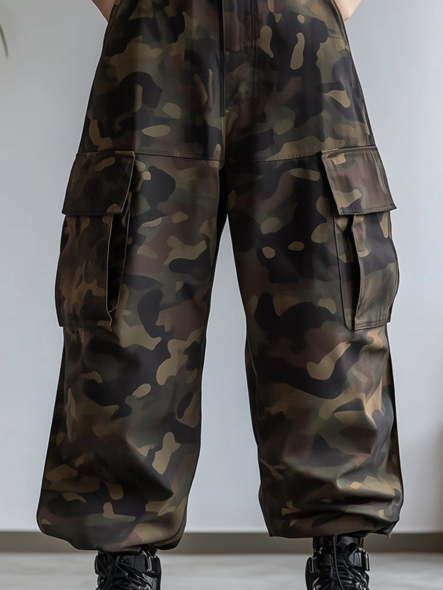 Fashion retro loose wide-leg camouflage overalls