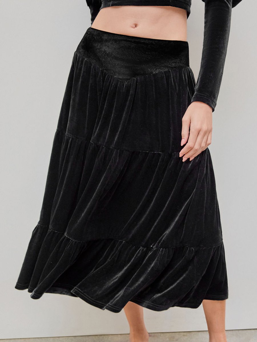 Fashionable Retro Temperament Lotus Leaf Velvet Mid-length Skirt