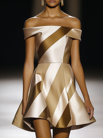 Elegant One Shoulder Gold and White Striped Satin Mini Dress