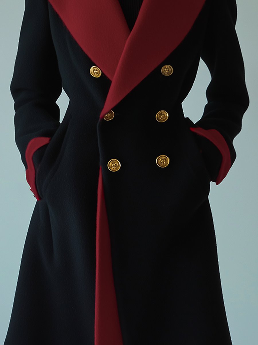 Retro Fashion Lapel Contrast Color Stitching Gold Button Slim Fit Mid-length Coat