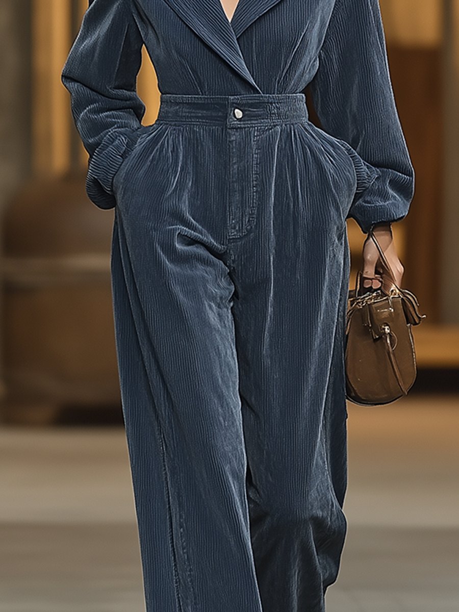 Fashion Retro Lapel Button Corduroy Jumpsuit