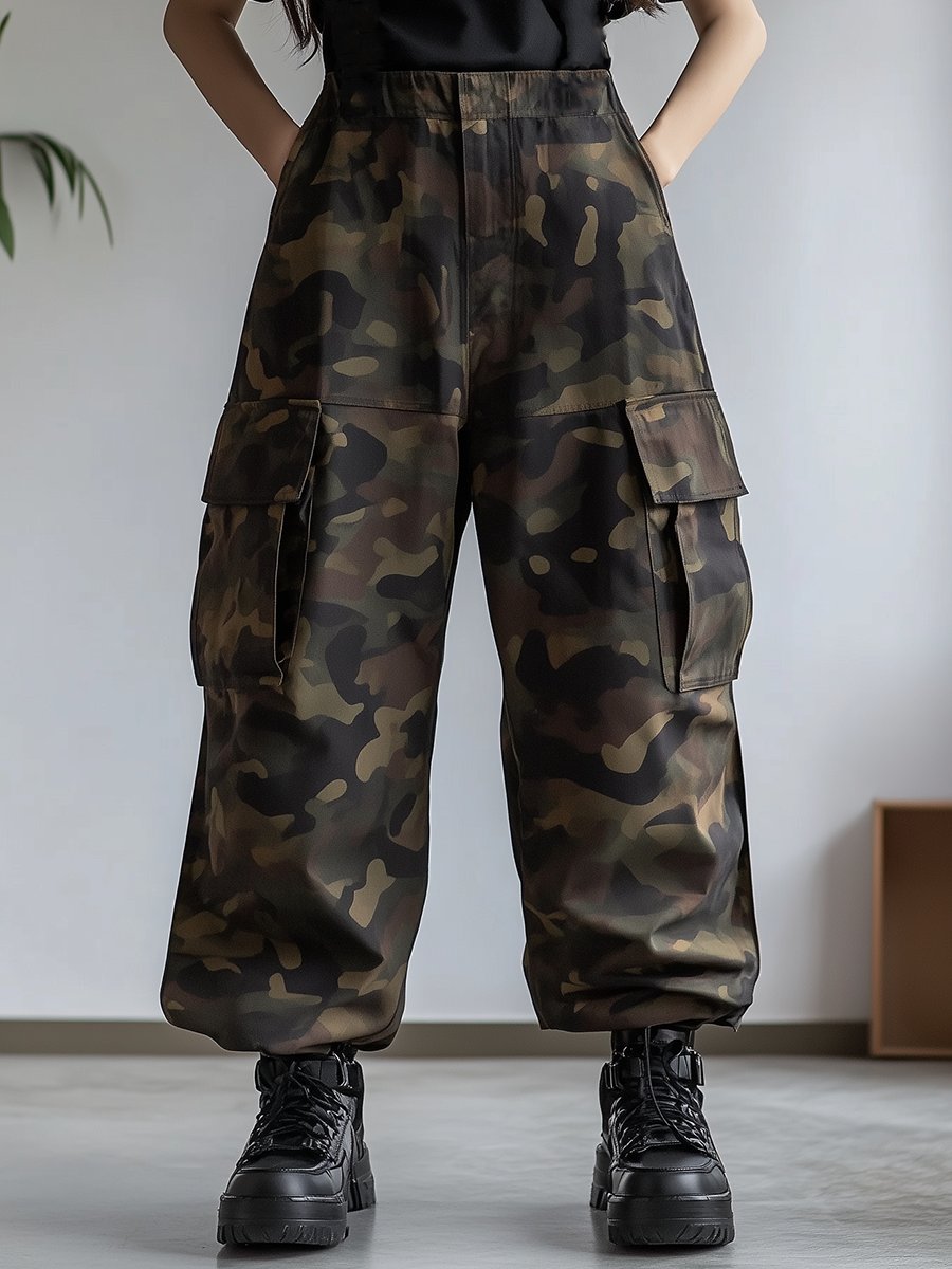 Fashion retro loose wide-leg camouflage overalls