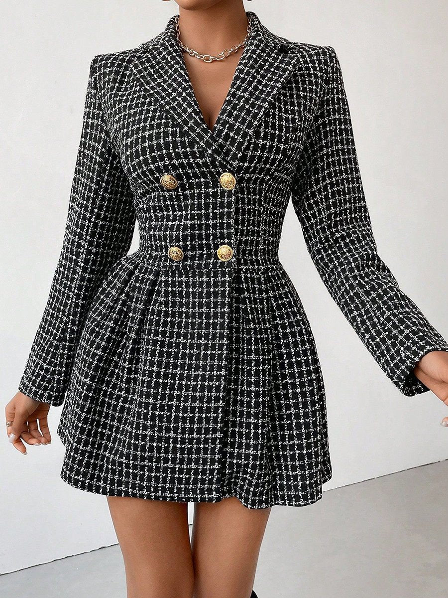 Fashionable Plaid Temperament Lapel Button Long Sleeve Mini Dress