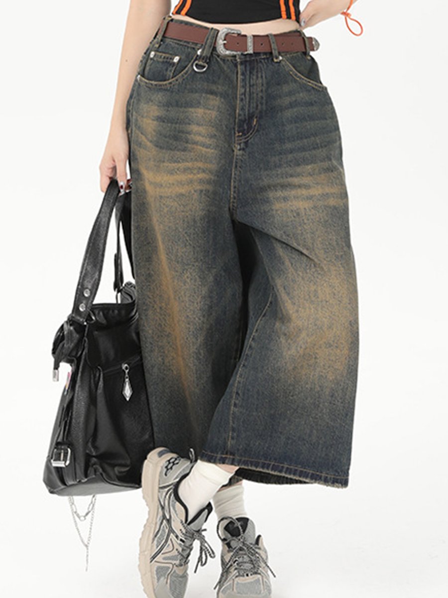 Retro Fashion Wide-leg High Waist Straight Loose 7-point Jeans