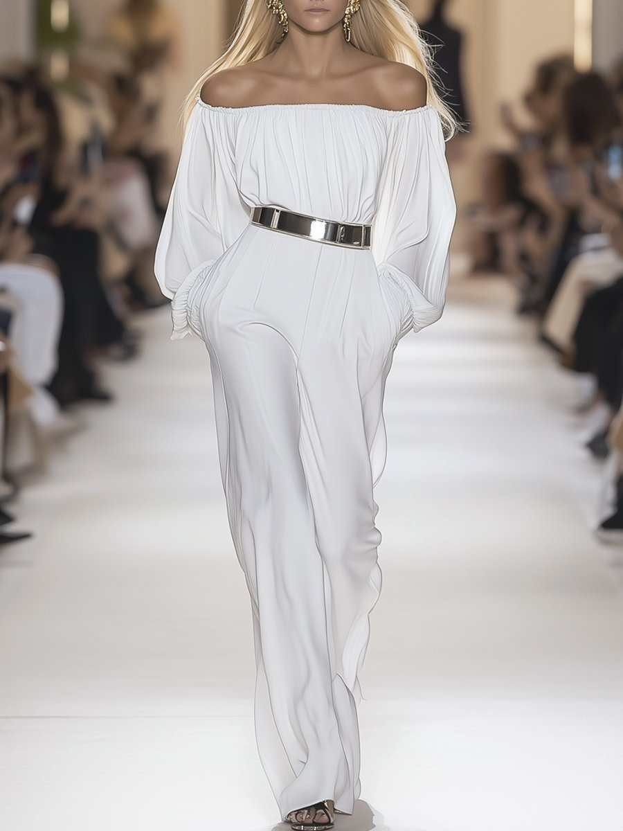 Elegant White Off-The-Shoulder  with Puffy Sleeves and Belted Waist Jumpsuit