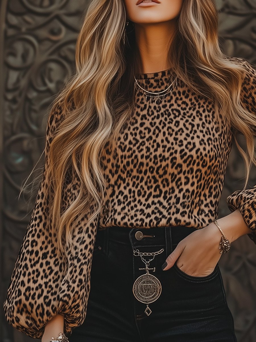 Retro Fashion Round Neck Puff Sleeve Leopard Print Blouse