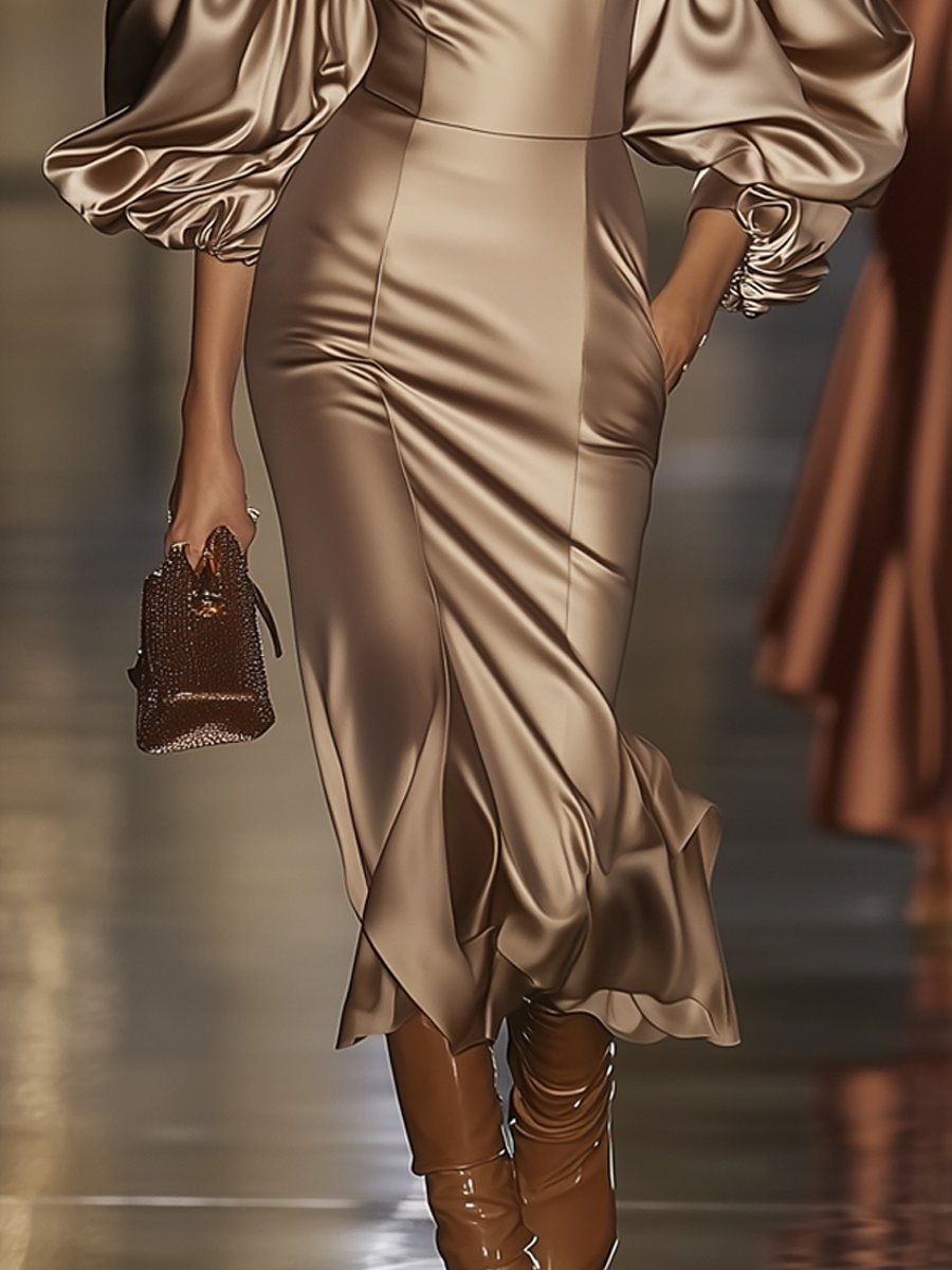 Elegant High-end Satin Puff Sleeve Off-the-shoulder Maxi Dress