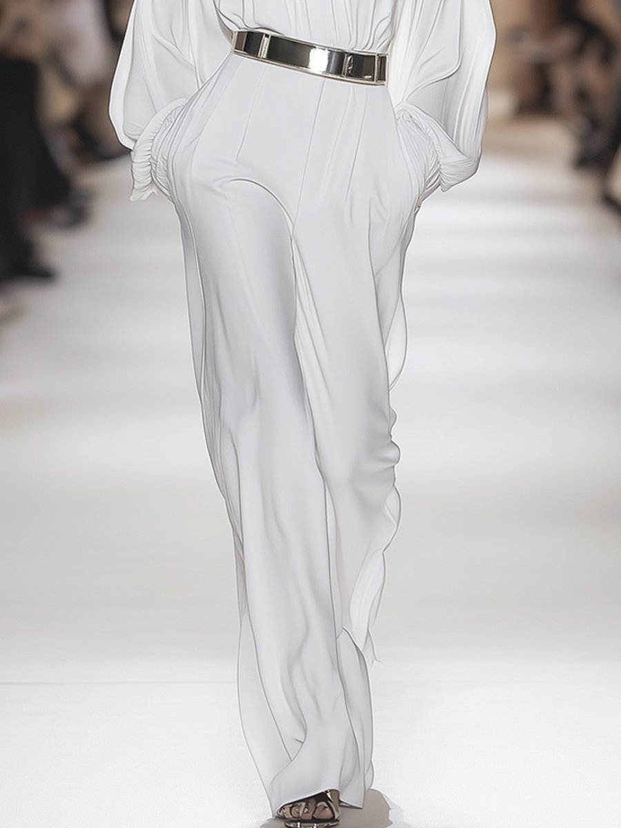 Elegant White Off-The-Shoulder  with Puffy Sleeves and Belted Waist Jumpsuit