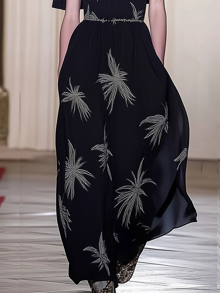 Charming Palm Leaf Print Black Off-the-Shoulder Maxi Dress