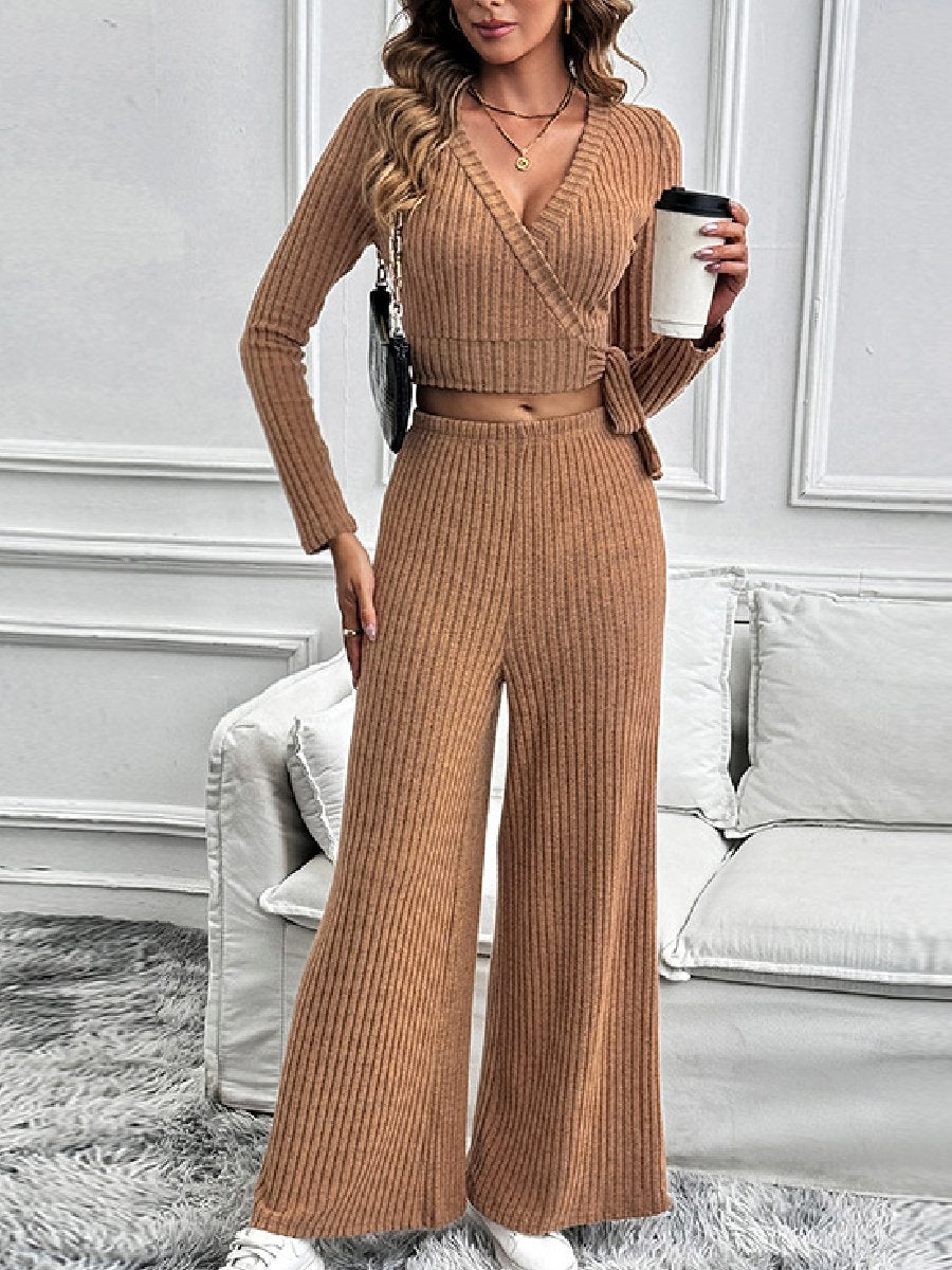 Elegant Long-sleeved Solid Color Textured Basic Two-Piece Set