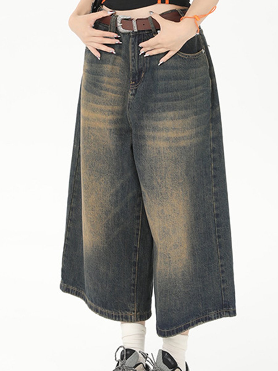 Retro Fashion Wide-leg High Waist Straight Loose 7-point Jeans