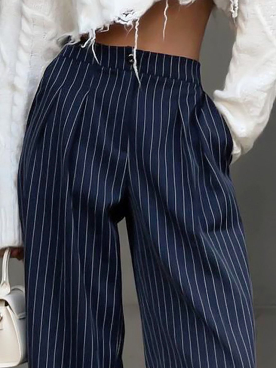 Fashion Casual High Waist Striped Navy Blue Wide Leg Pants