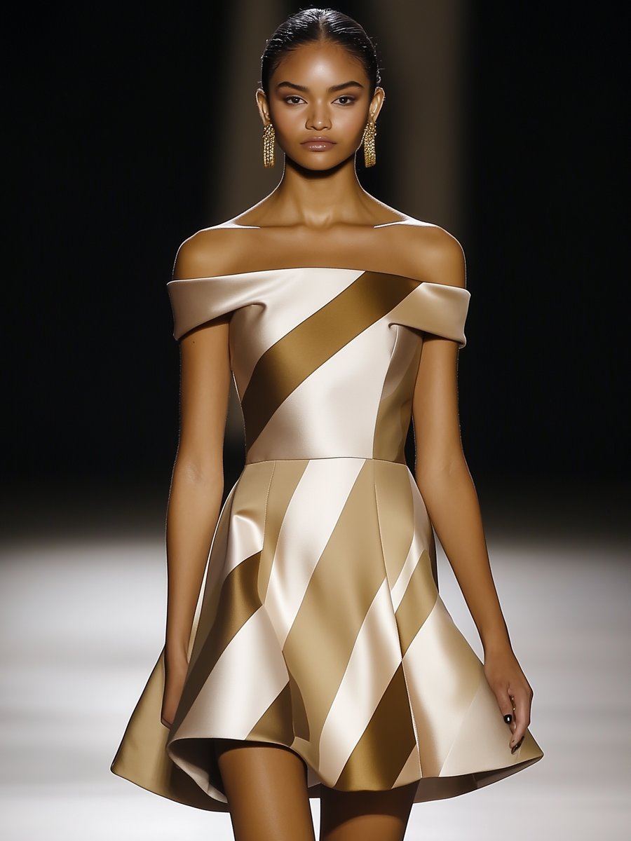 Elegant One Shoulder Gold and White Striped Satin Mini Dress