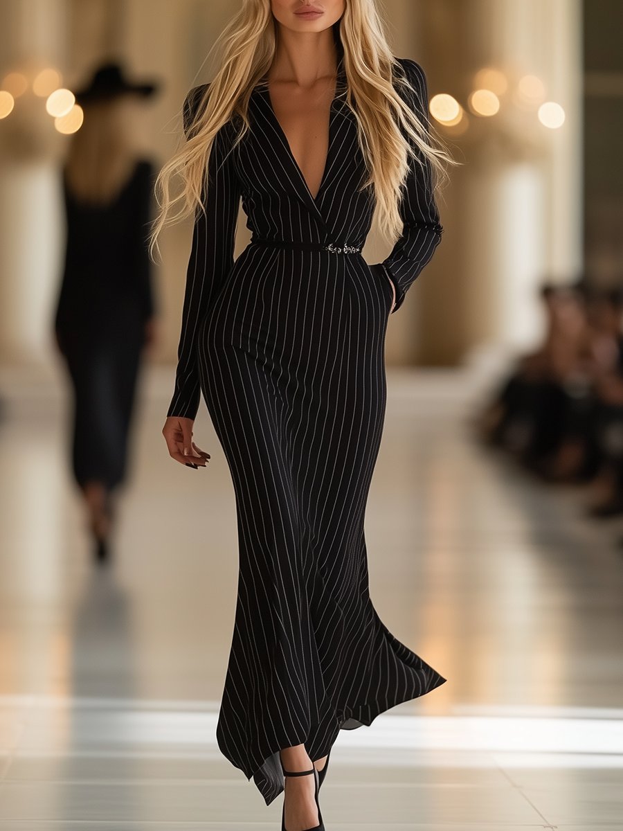 High Quality Vintage Black Striped Long Sleeve Maxi Dress